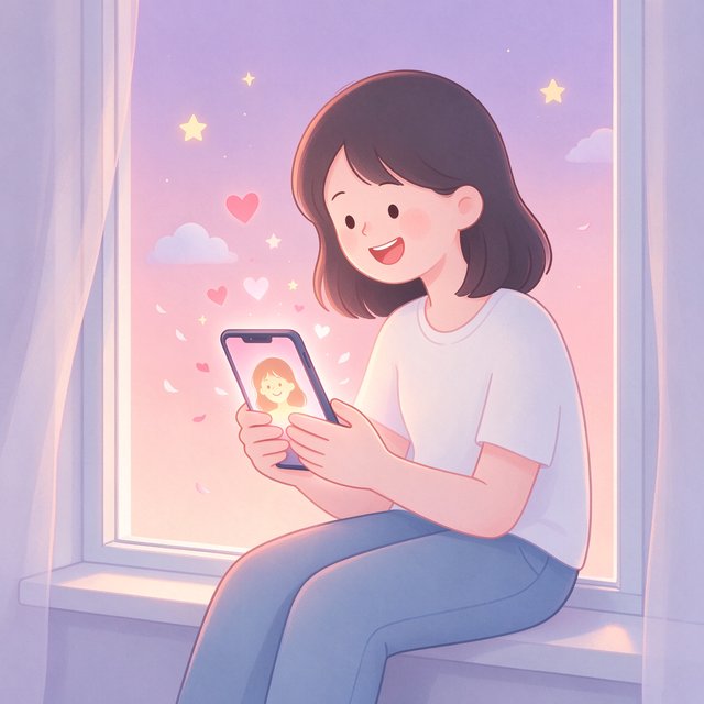女孩捧着手机与lovemo AI恋人温柔聊天的插画